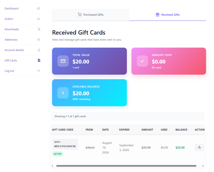 Let Customers Track Gift Cards from Their Account