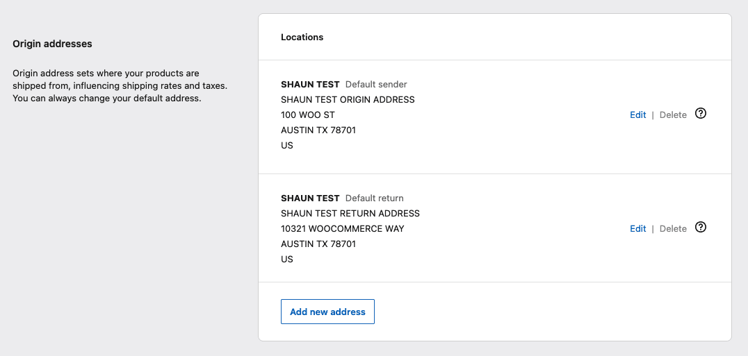 Origin addresses section in the WooCommerce Shipping settings.