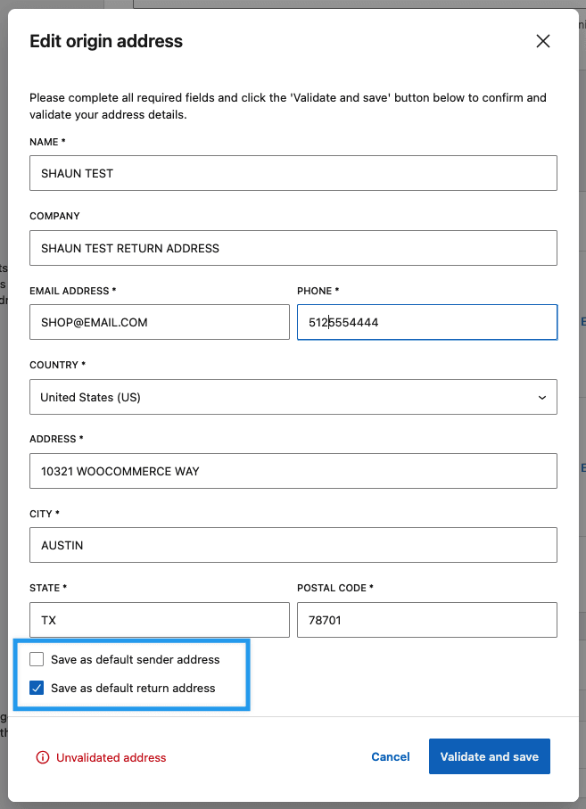 Checkboxes that allow new addresses to be saved as the default sender address and/or the default return address.