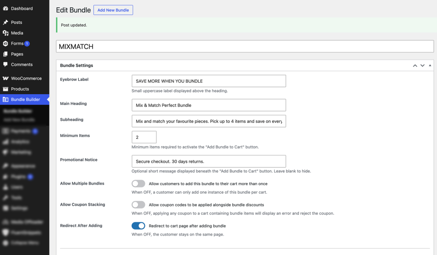 Bundle settings panel for the WooCommerce product bundle builder