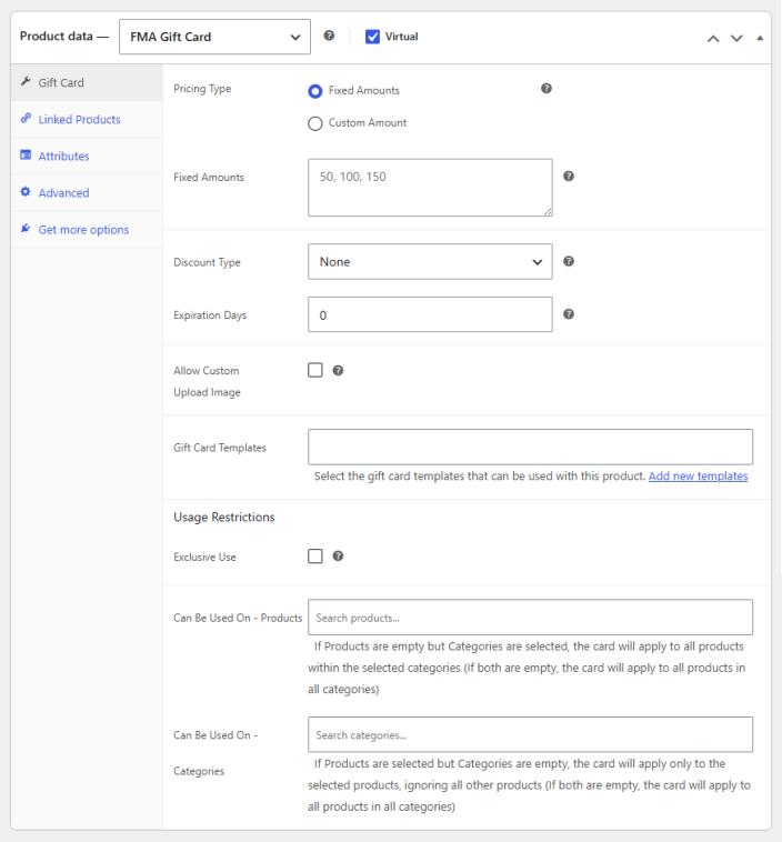 Product Level Settings for Gift Cards