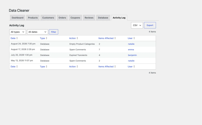 Activity log page of Data Cleaner for WooCommerce
