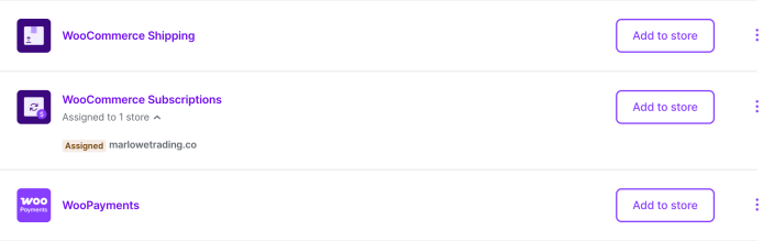 Screenshot showing current WooCommerce.com My Subscriptions rows for WooCommerce Shipping, WooCommerce Subscriptions, and WooPayments, each with an Add to store button.