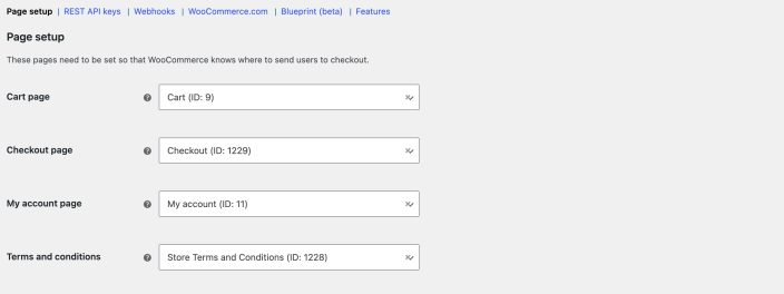 WooCommerce Advanced Page setup settings showing Cart, Checkout, My account, and Terms and conditions pages.