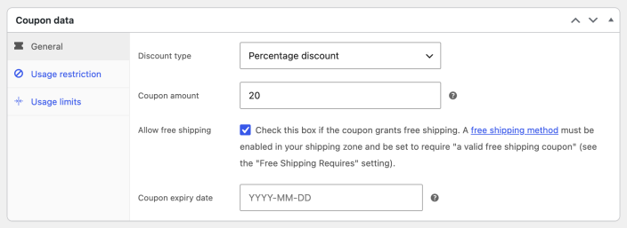 WooCommerce Coupon data panel with a percentage discount and Allow free shipping enabled.