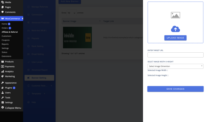 The Add Custom Banner panel with the Upload Image control, the Enter Target URL field and the Select Image Width x Height dropdown.