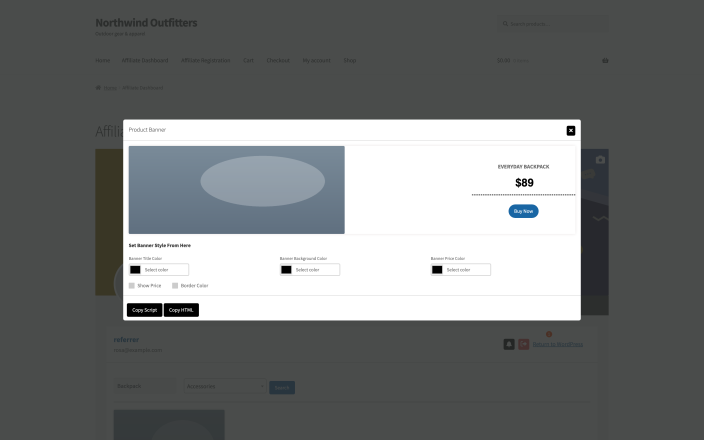The product banner builder on the affiliate dashboard with color pickers and a preview of the product creative.