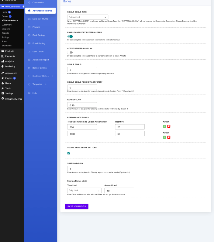 The Bonus tab under Advanced Features with the signup, pay-per-click, performance and sharing bonus settings.