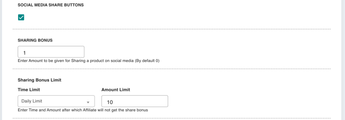 The Social Media Share Buttons switch with the Sharing Bonus amount and its time and amount limits.