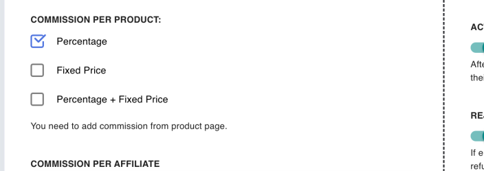 The Commission per Product setting on the Commission screen with Percentage, Fixed Price and Percentage plus Fixed Price options.