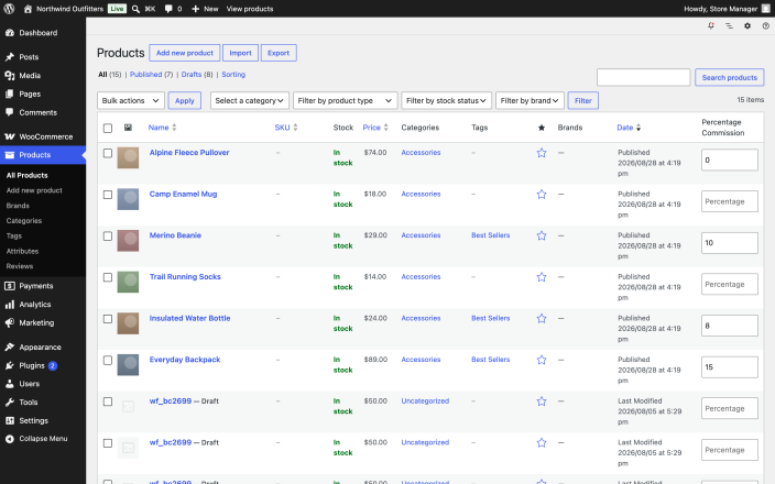 The WooCommerce Products list with the commission column, showing an editable rate field on each product row.