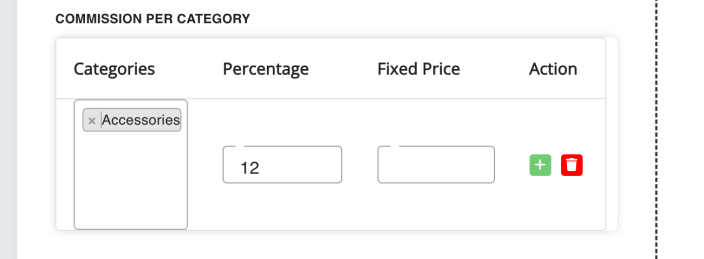 The Commission per Category section of the Commission screen with a category selected and a percentage rate entered.
