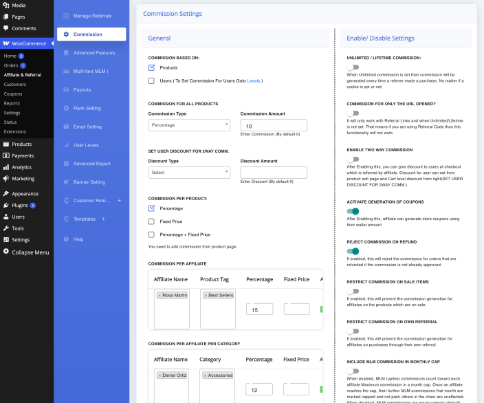 The Commission Settings screen showing the Commission for All Products fields and the rule sections below it.