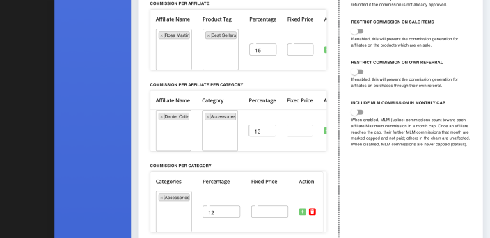 The Commission per Affiliate section with an affiliate selected, a product tag filter and a percentage rate.