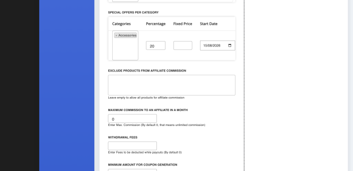 The Special offers per Category section with a category, a raised percentage and start and end dates filled in.