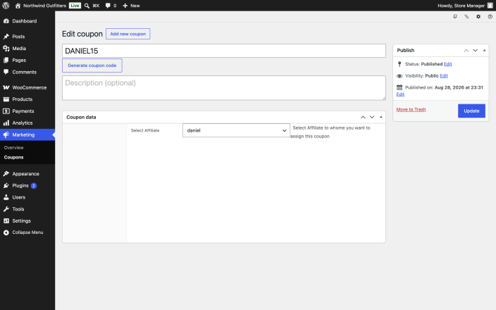 The WooCommerce coupon edit screen with the Coupon data General tab open and the Select Affiliate dropdown assigning the coupon to an affiliate.