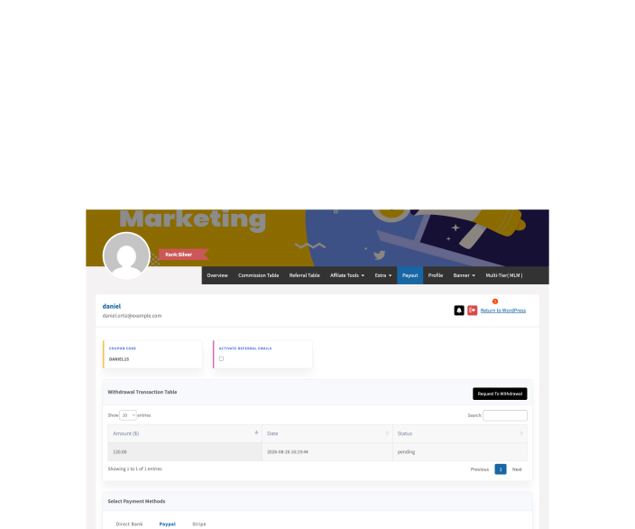 The affiliate dashboard Payout tab showing the Coupon code card with the code assigned by the store owner.
