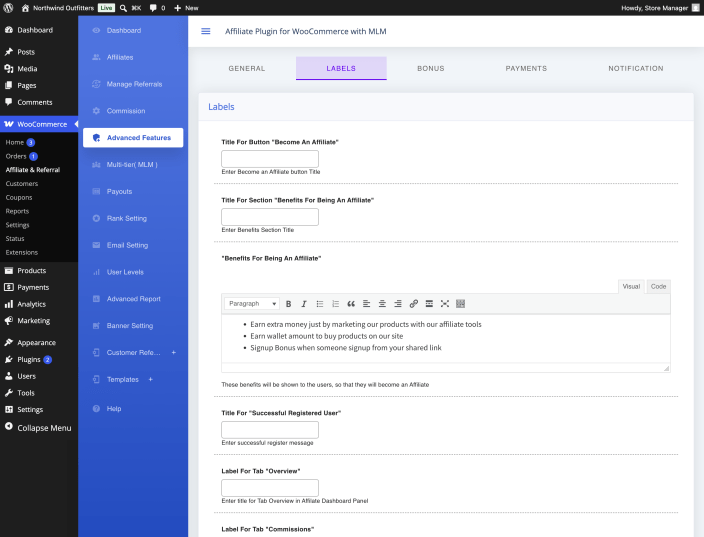 The Labels settings listing the dashboard menu items that can be renamed.