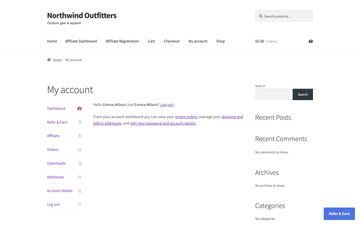The WooCommerce My Account menu with the Affiliate item linking to the affiliate dashboard.