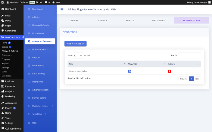 The Notification settings with an announcement title and message being added for affiliates.