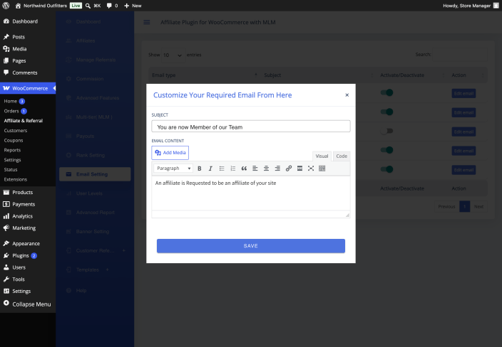The email customization dialog with a subject field and the WordPress editor holding the message content.
