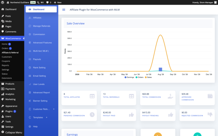 The Affiliate & Referral admin screen with its left-hand menu: Dashboard, Affiliates, Manage Referrals, Commission, Advanced Features, Multi-tier (MLM), Payouts and more.