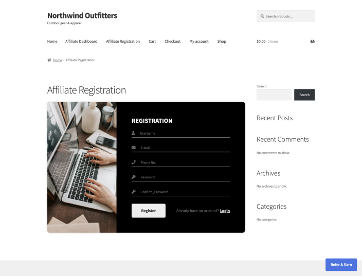 The affiliate registration form on the storefront with username, email, phone and password fields and a Register button.