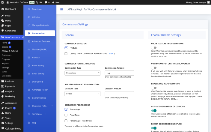 The Commission Settings screen with Commission for All Products set to Percentage and an amount entered.
