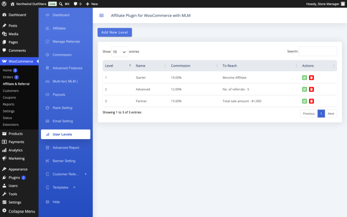 The User Levels screen listing commission levels with their rate, the criteria to reach each one, and edit and delete actions.