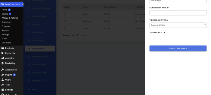 The Add New Level dialog with fields for the level name, commission type and amount, the To Reach Criteria choice and its value.