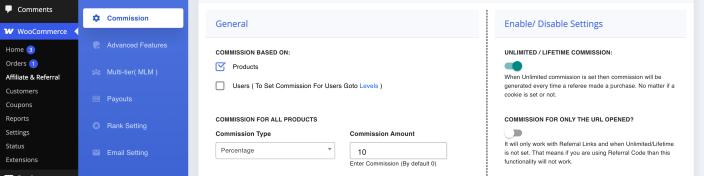 The Enable Disable Settings column of the Commission screen with Unlimited slash Lifetime Commission switched on.