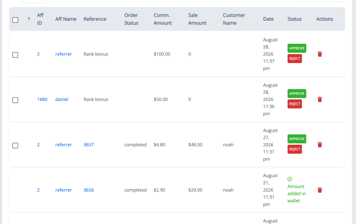 The Manage Referrals list with two separate orders from the same customer, both credited to the same affiliate.