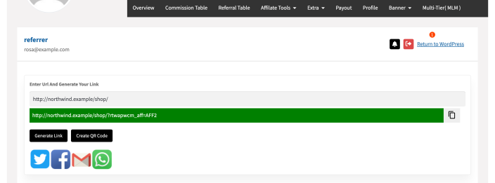 The link generator on the affiliate dashboard with a store URL entered and the personal referral link generated below it in green.