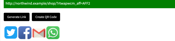 The generated referral link with the Generate Link and Create QR Code buttons and the Twitter, Facebook, email and WhatsApp sharing icons below them.