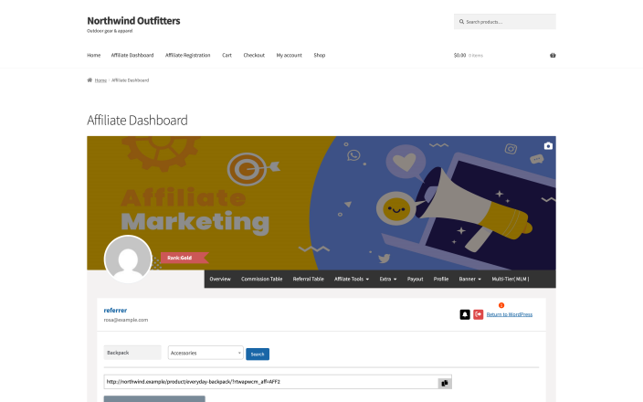 The product search on the affiliate dashboard generating a referral link to one chosen product.