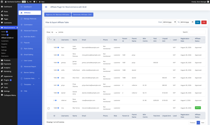 The Affiliates admin screen listing affiliates with their contact details, level, parent, earnings and status columns.