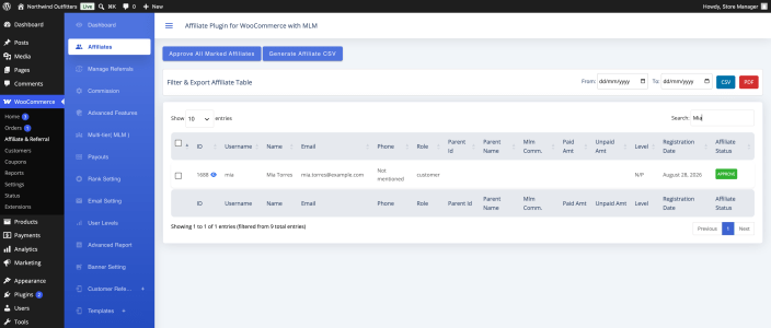 A pending affiliate row on the Affiliates screen with the approval control in the Affiliate Status column, next to the Approve all marked affiliates button.