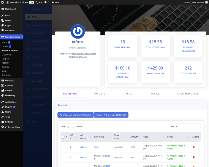 The affiliate detail view with the referral code, summary cards for commissions and wallet, and tabs for Referrals, Payouts, Traffic, Profile and Show MLM Chain.