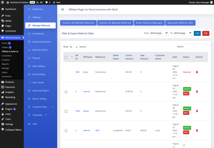 The Manage Referrals screen listing commission records with affiliate, customer, order reference, amounts, date and status.