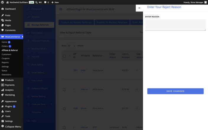 The Enter Your Reject Reason dialog on the Manage Referrals screen where a reason is entered for the affiliate to read.