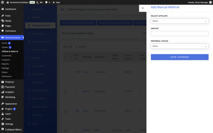 The Add Manual Referral dialog with the affiliate selector, the amount field and the referral status choice.