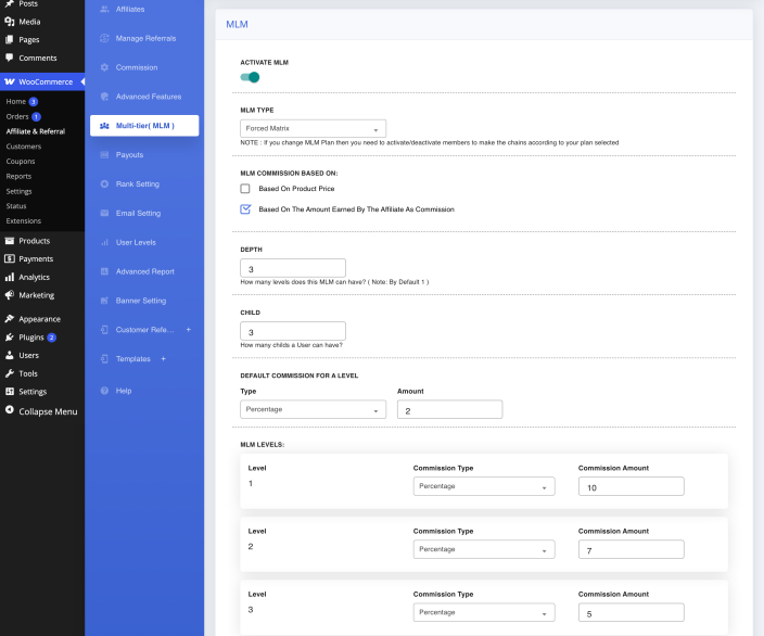 The MLM settings screen with the plan type dropdown, Depth and Child fields and the per-level commission rows.
