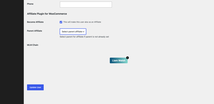 The user profile Select parent dropdown used to place an affiliate under a chosen recruiter.
