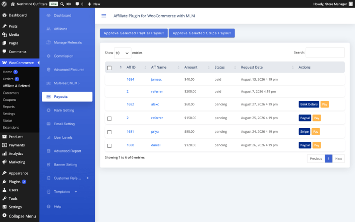 The Payouts screen listing withdrawal requests with the Approve selected PayPal payout and Approve selected Stripe payout buttons.