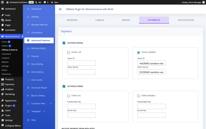 The Payments settings with Activate Paypal on, the live and sandbox choice, and the Client ID and Client Secret fields.