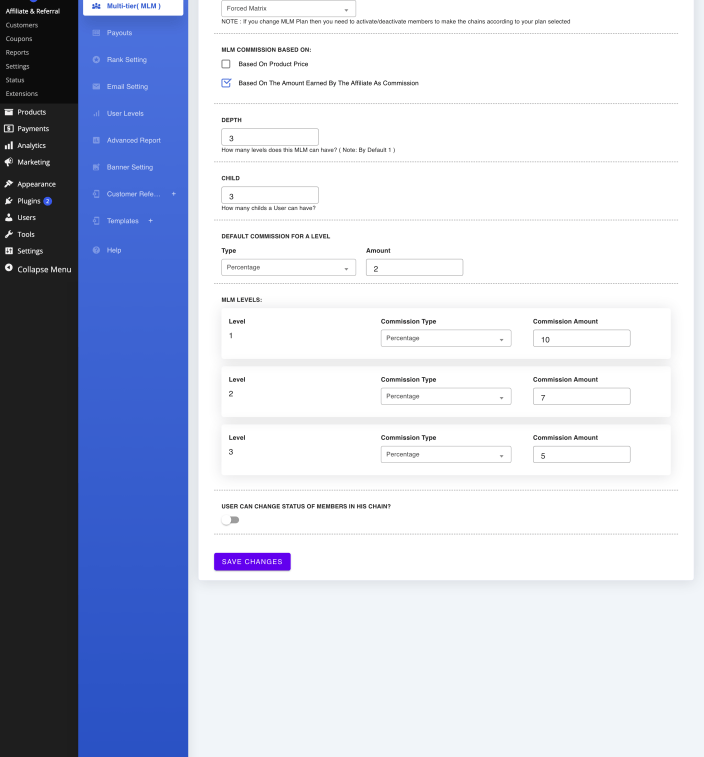 The Multi-tier settings screen with the MLM Type selector and the Depth and Child fields that shape the network.