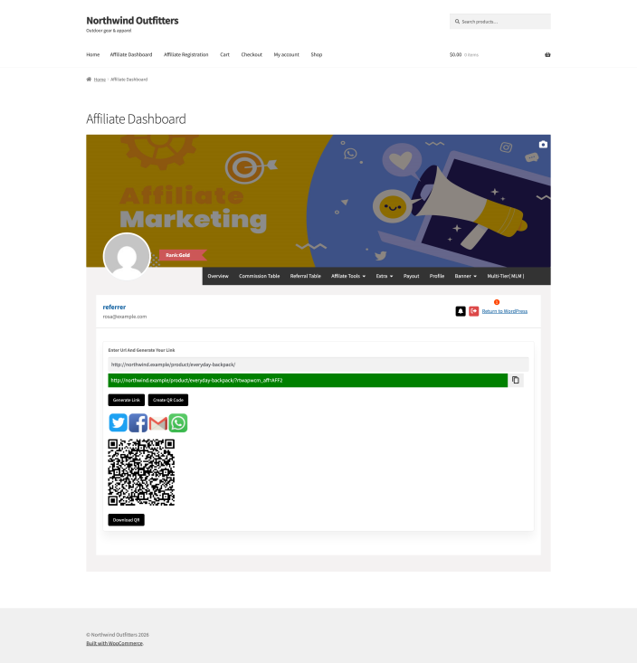 The affiliate dashboard link generator with a generated referral link, the Create QR code button and the resulting QR code with a Download QR button.