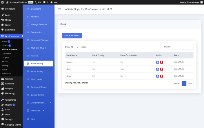 The Rank Setting screen listing ranks with their name, priority, rank commission and date.
