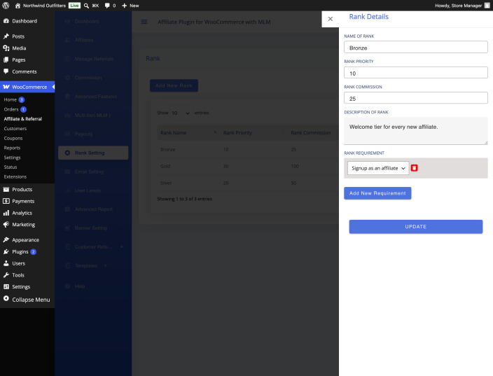 The rank details dialog with the name, priority, rank commission and a rank requirement selected with its value.