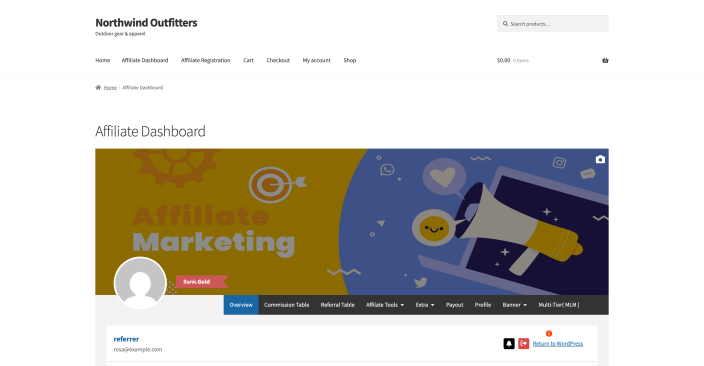 The affiliate dashboard header showing the affiliate's current rank name.